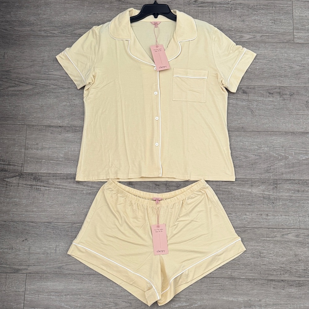 New Eberjey Light Yellow Short-Sleeve Pajama Set with Piping